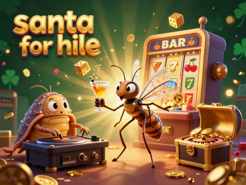Experience the magic of Santa for hire in a vibrant casino-themed 3D illustration with sparkling jackpots.