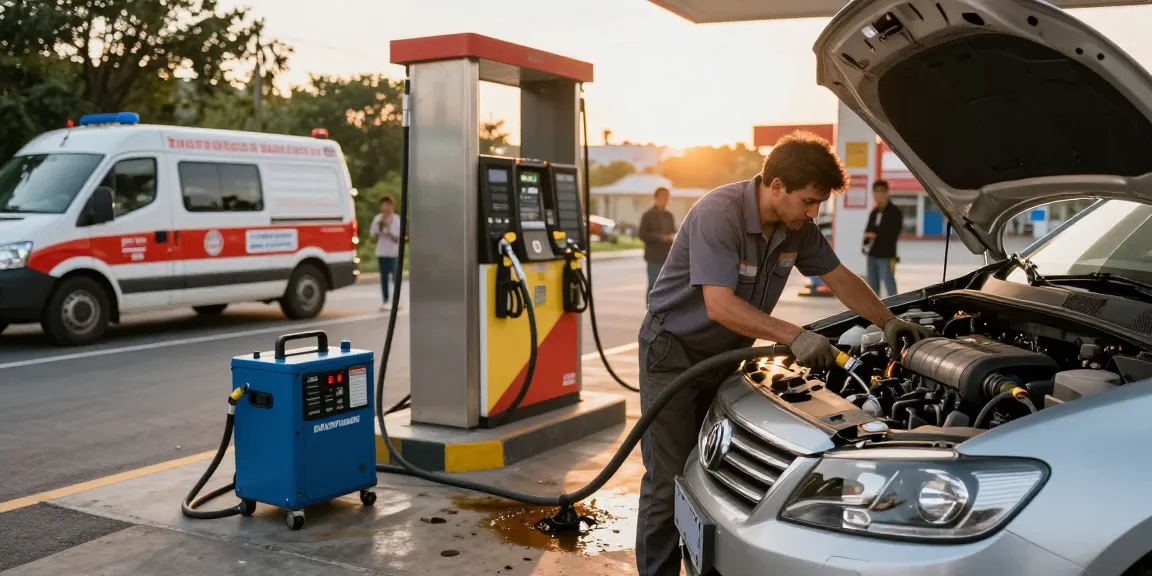 Quick wrong fuel in car recovery service at roadside with technician draining fuel.