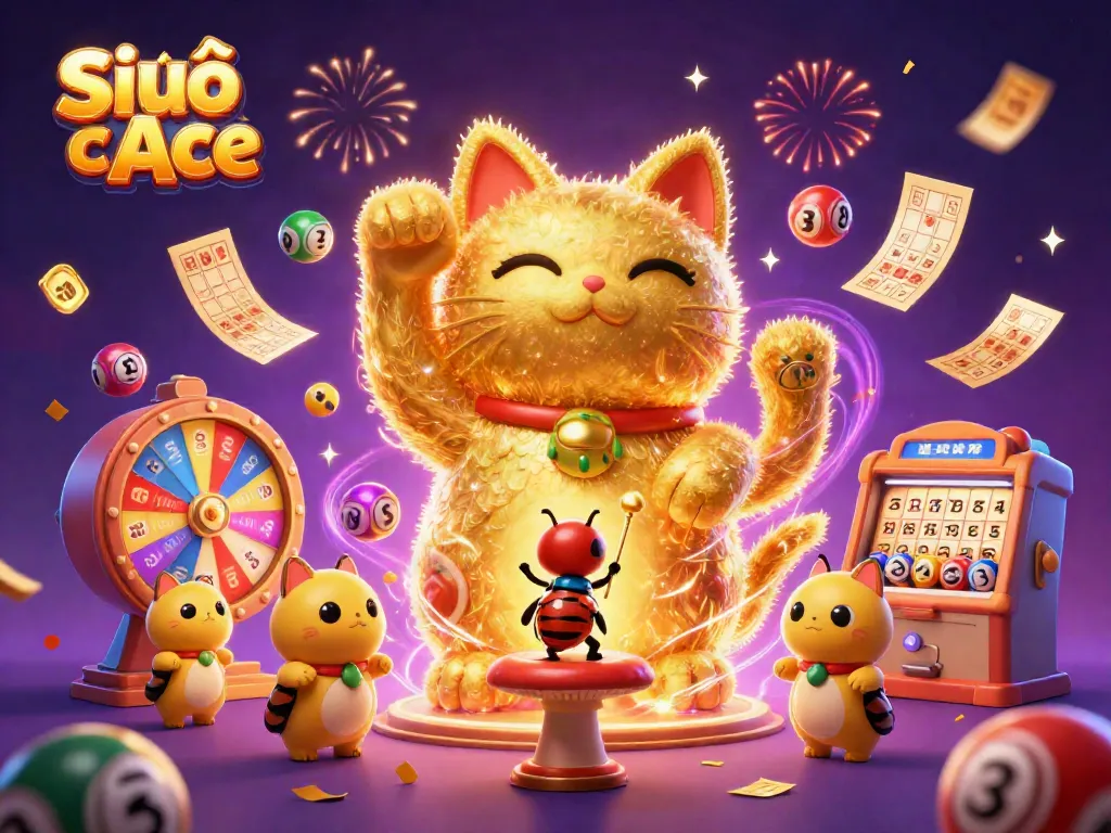 Experience Siêu Cấp Ace with a vibrant illustration of a lucky cat, bingo cards, and colorful lottery balls.
