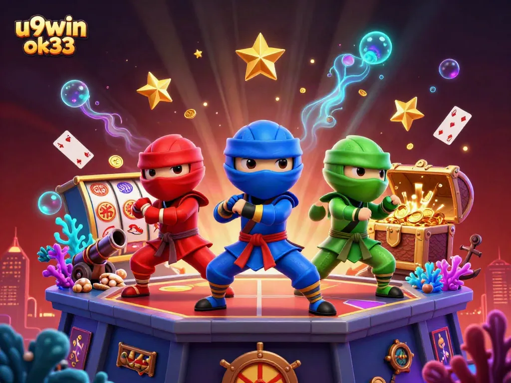 Chameleons showcase synchronized martial arts moves in a dynamic casino setting with u9win ok33 branding.