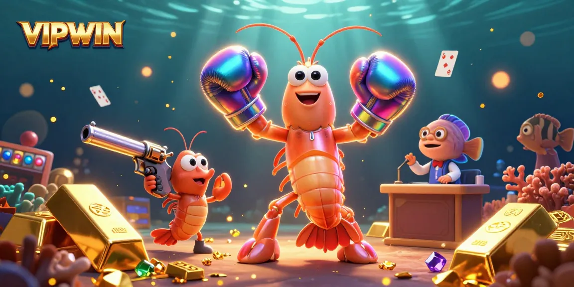 Experience VIPWIN’s excitement with vibrant casino-themed characters amidst shimmering treasures.
