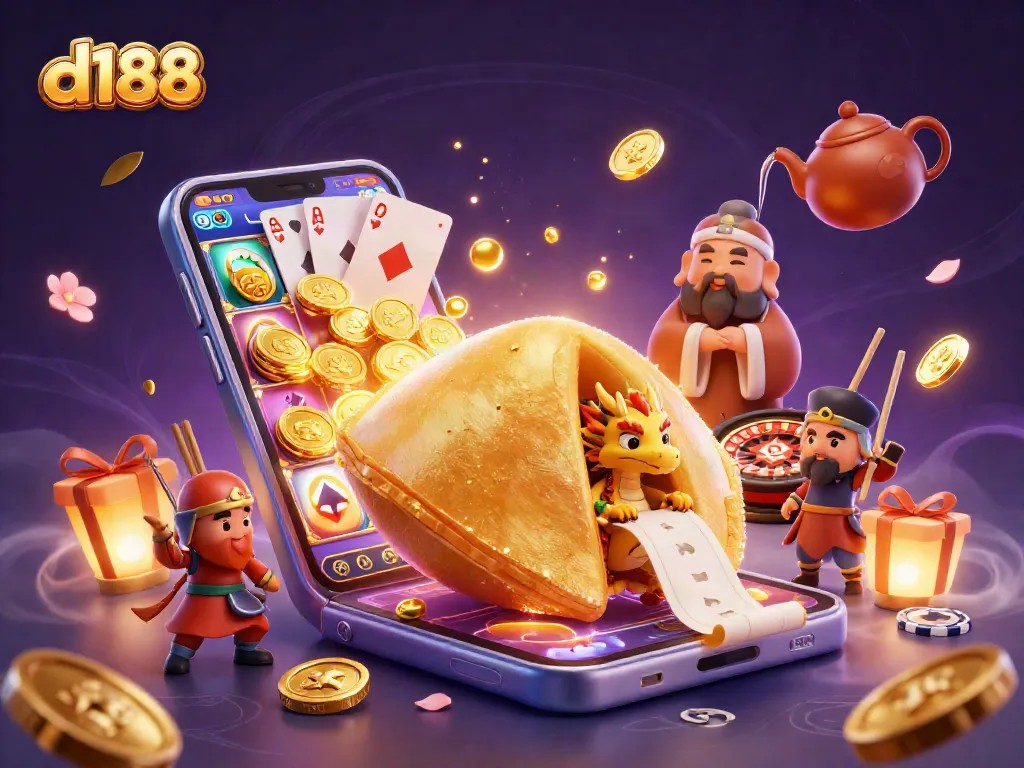 Experience thrilling slots with d188 featuring a giant fortune cookie and wise dragon in a vibrant casino scene.
