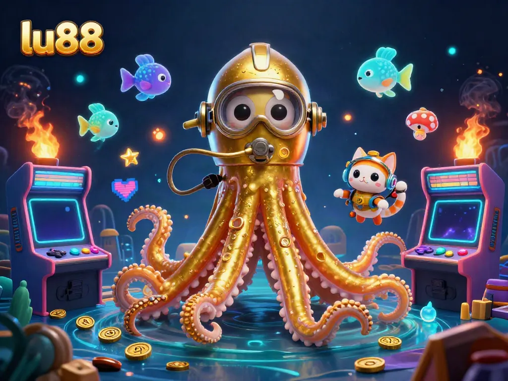 Experience thrilling gaming at lu88 with a cartoonish kraken emerging from treasure-laden depths.