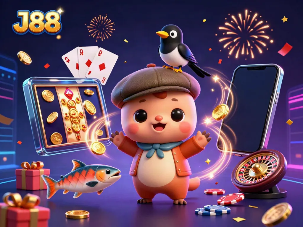 Experience thrilling gameplay at J88 with fun characters and colorful slot game elements.