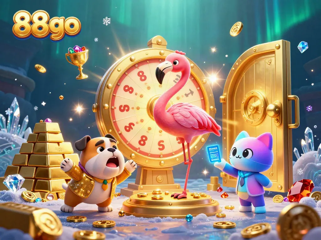 Engaging 88go scene featuring a flamingo host, excited bulldog contestant, and scoreboard cat assistant in a vibrant casino setting.
