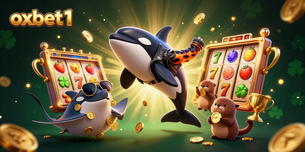 Experience the exciting world of oxbet1 with an orca and sea otters amidst vibrant slot reels and golden coins.