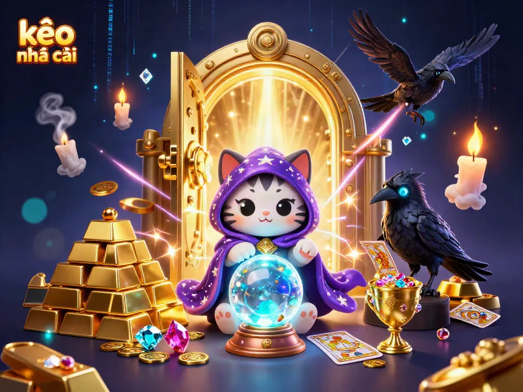 Engaging scene of kèo nhà cái with fortune teller cat, tarot raven, and treasure vault, showcasing vibrant gambling elements.