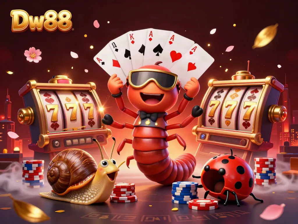 Experience the excitement at DW88 with a vibrant casino scene featuring a unique millipede dealer and a snail high-roller.