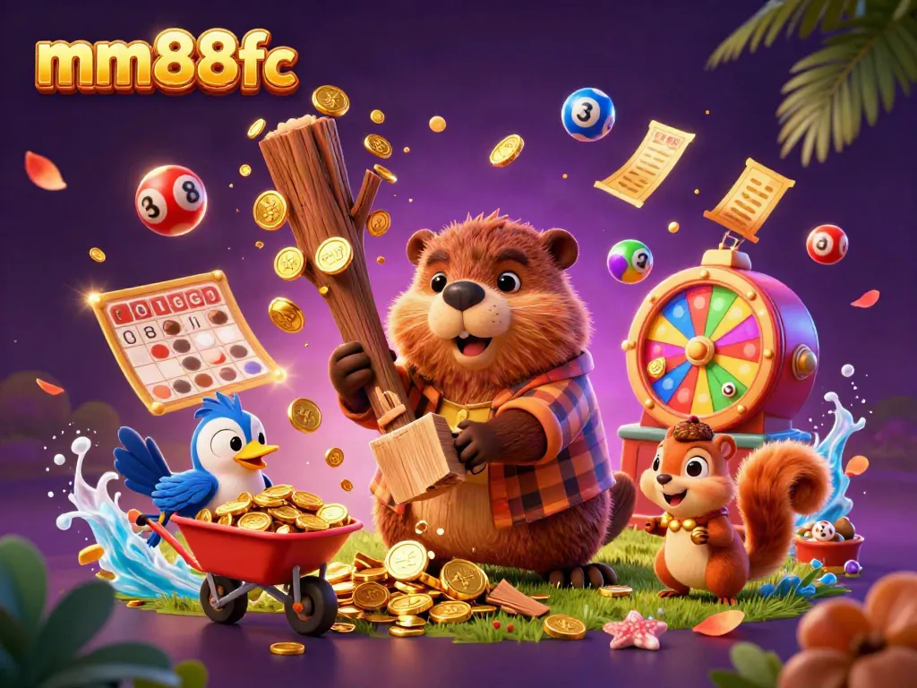 Experience thrilling fun with mm88fc as beaver chops trees raining golden coins in vibrant casino illustration.