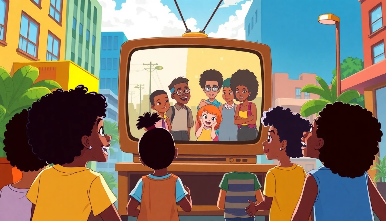 A scene showcasing children enjoying African American cartoons, highlighting cultural representation and diversity.