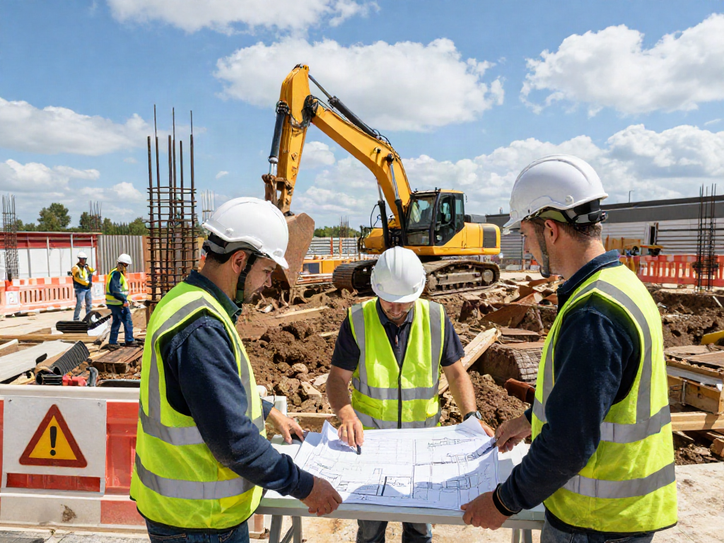 Baugrubensicherung an einer Baustelle mit Sicherheitsvorkehrungen und Fachleuten bei der Planung.