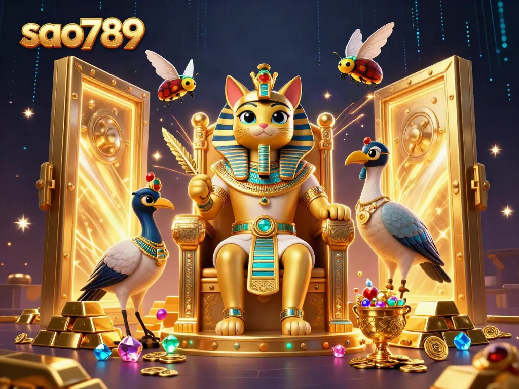 Experience excitement with sao789, featuring a dazzling golden-themed illustration of Egyptian characters and treasure.