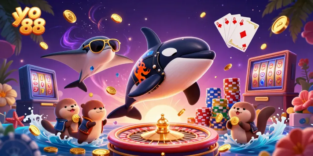Experience the vibrant world of yo 88 with a 3D cartoon scene featuring playful characters, casino elements, and soaring coins.