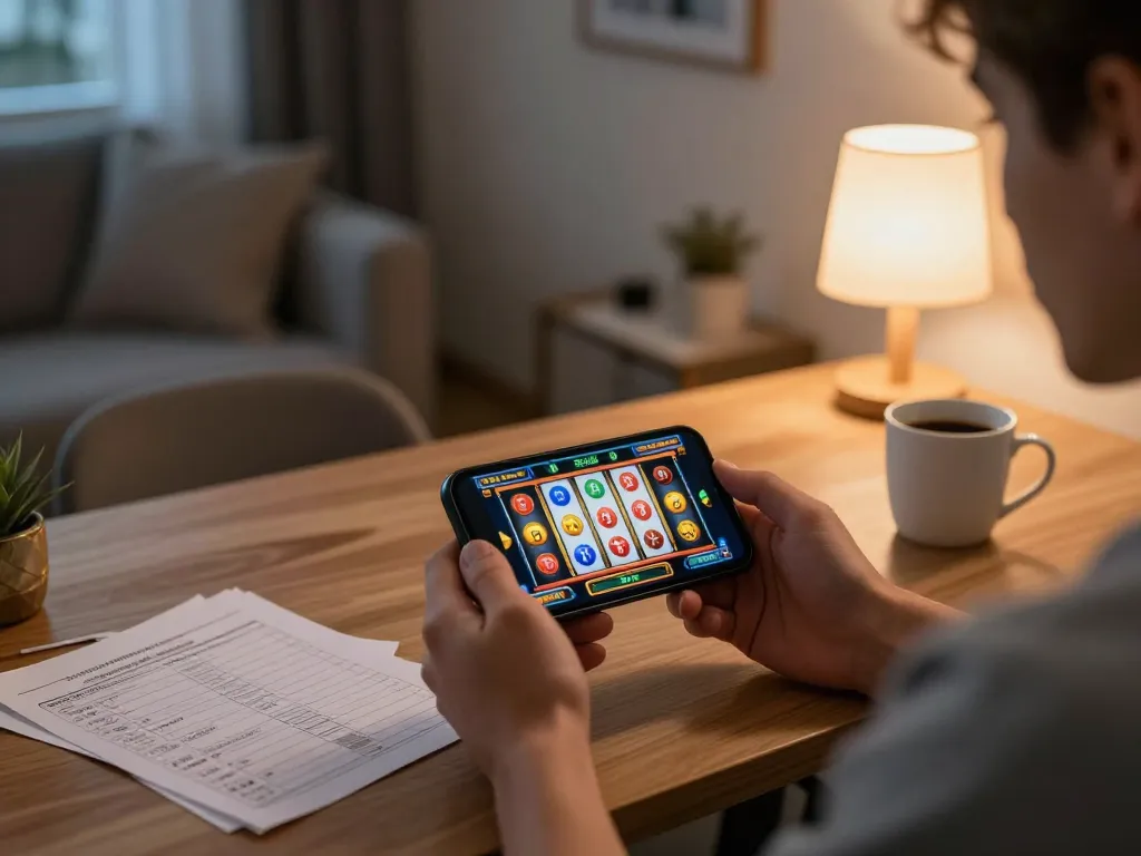 Engaged player spinning online slot game on smartphone in a cozy home setting.