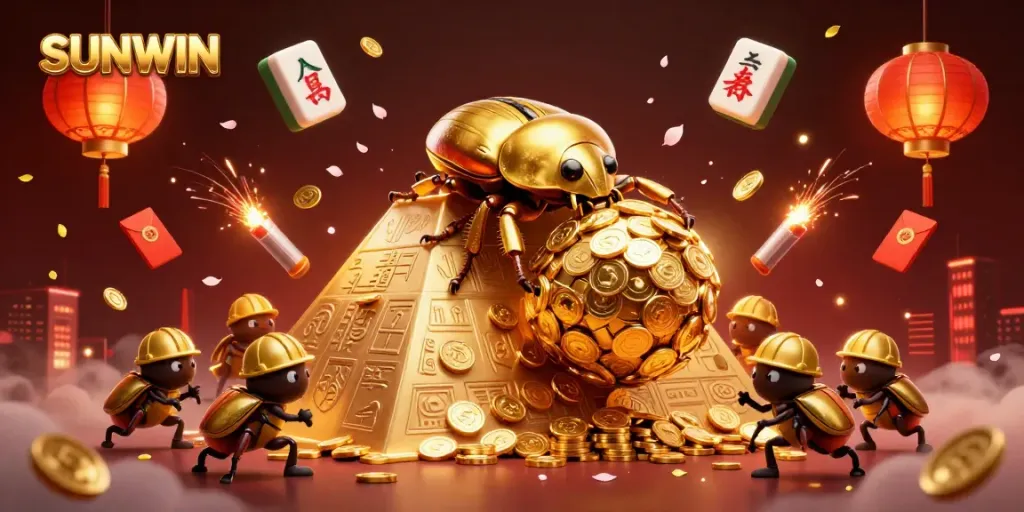 Experience SUNWIN with a golden beetle rolling coins, surrounded by glowing casino elements.