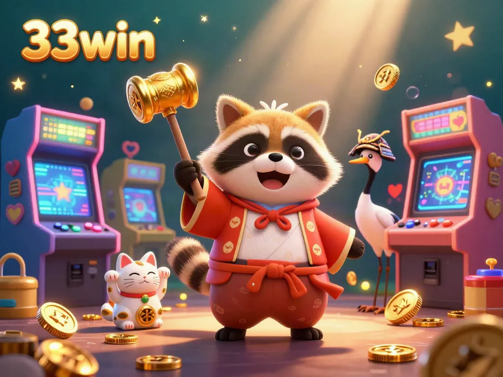 Experience the excitement of 33win with a cheerful tanuki and colorful game elements in a vibrant 3D scene.
