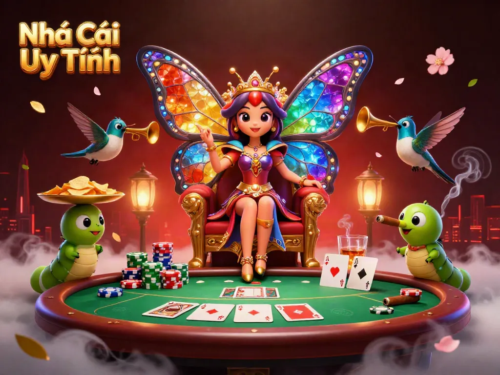 Bet on the trusted Nhà Cái Uy Tín with a colorful casino scene featuring a butterfly queen and vibrant poker elements.