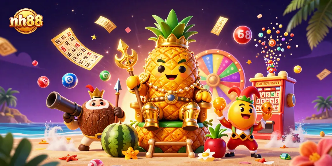 Engage in fun at nh88 with a colorful casino scene featuring jackpot elements and vibrant beach characters