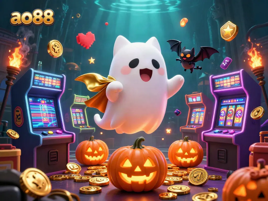 Engage with ao88's thrilling gaming experience amidst vibrant casino elements and spooky characters.
