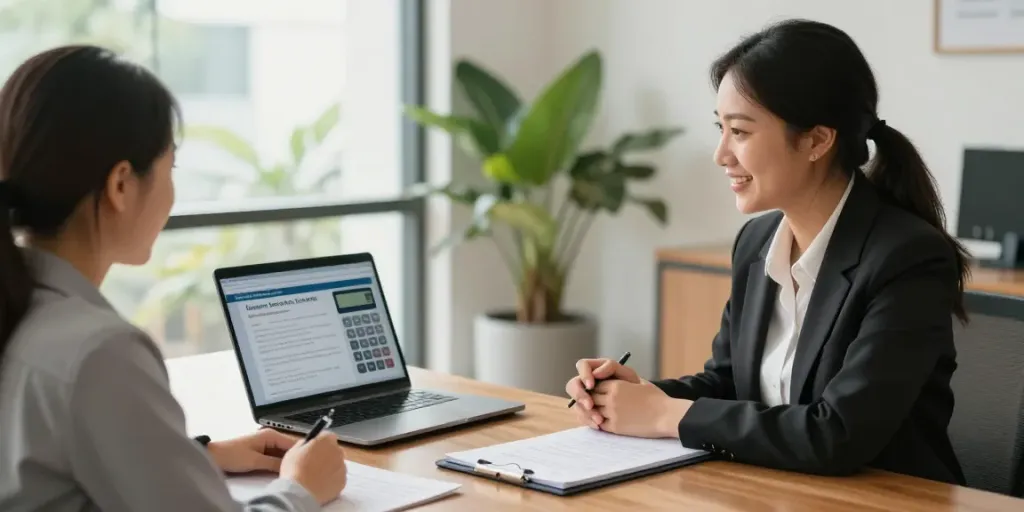 Financial advisor discussing Payday Loans Co options with a client in a professional office.