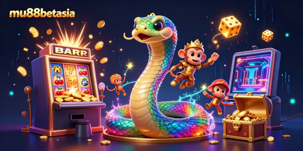 Experience vibrant casino excitement with mu88betasia's colorful illustration of games, characters, and treasures.