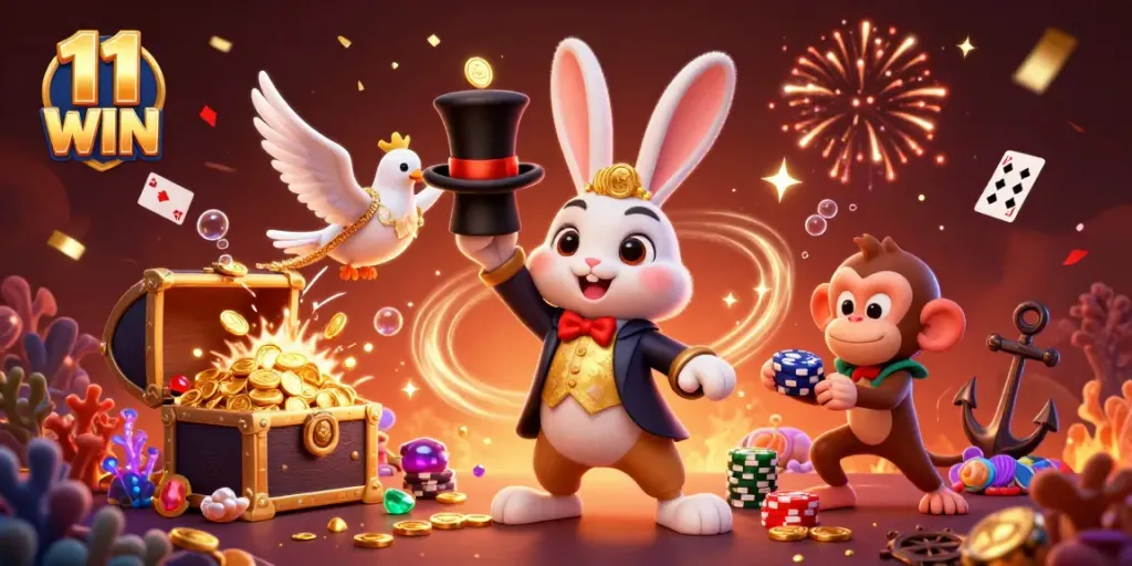 Experience the thrill of 11 WIN with vibrant characters and casino elements in a celebratory atmosphere.