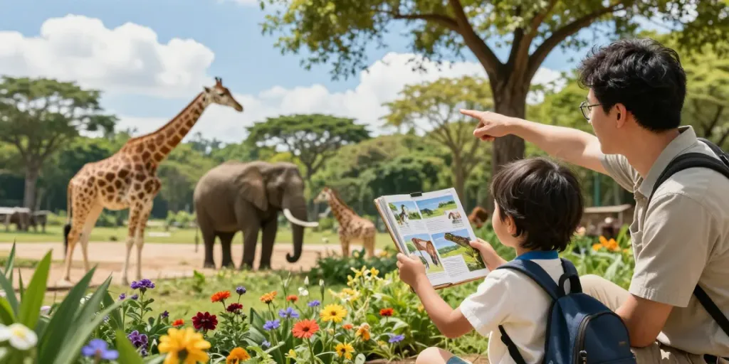 Wissenswertes über Tierarten in einer lebhaften Naturszene mit Kind und Tierbeobachtung.