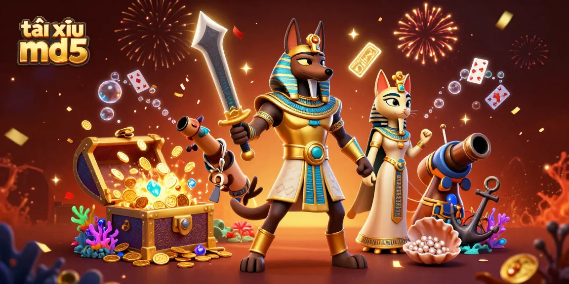 Engage in the exciting world of tài xỉu md5 with Anubis and Bastet amidst festive casino elements.