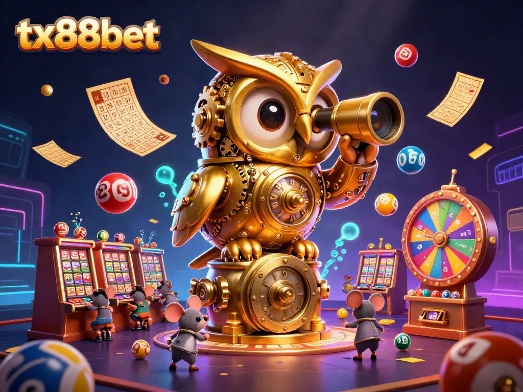 Join the excitement at tx88bet with a unique 3D casino illustrated scene featuring vibrant lottery elements.