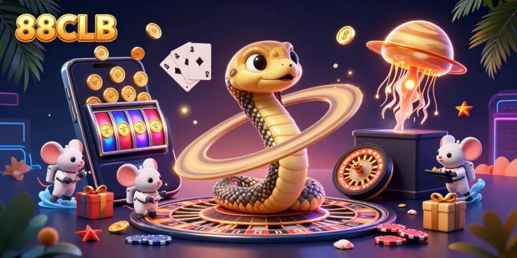 Experience the excitement of 88CLB with a vibrant 3D casino scene of playful astronaut mice betting on a cosmic roulette wheel.