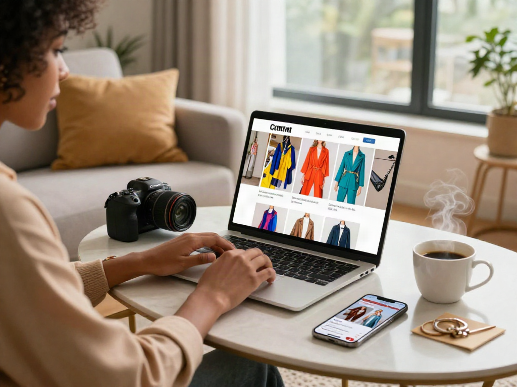 Engaging online shopping scene with rokok88 fashion items, stylish individual browsing e-commerce