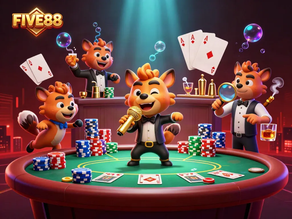 Experience thrilling moments at FIVE88 with a 3D hyena comedy casino scene showcasing poker excitement.