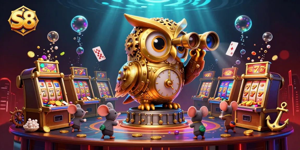 S8 promotes engaging gameplay with a vibrant casino scene featuring a golden owl scanning for jackpots.