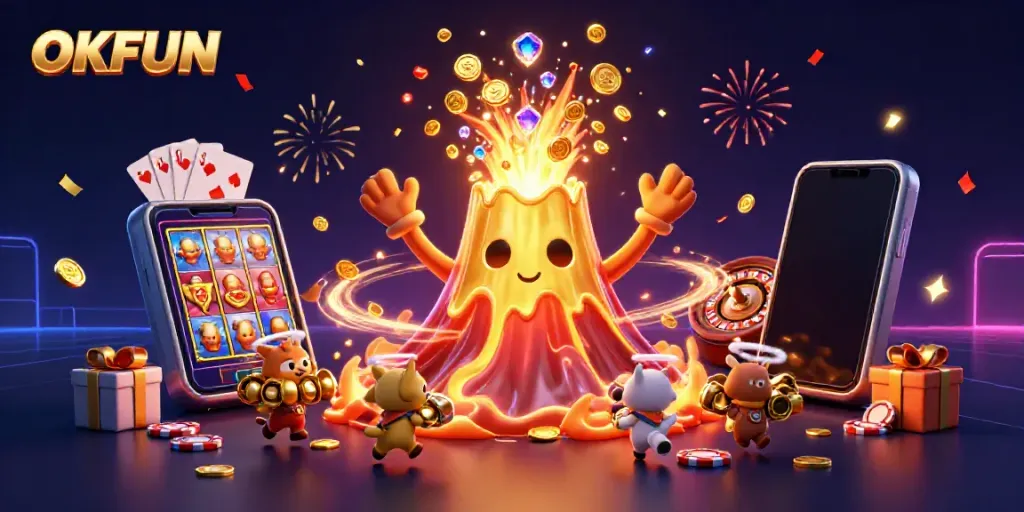 Spin the reels and win with OKFUN's vibrant treasure eruption of coins and gems, featuring casino game elements.