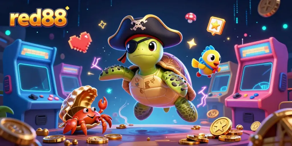 Experience thrilling action with red88 as a pirate turtle, hermit crab, and parrotfish explore underwater treasures in a vibrant casino scene.