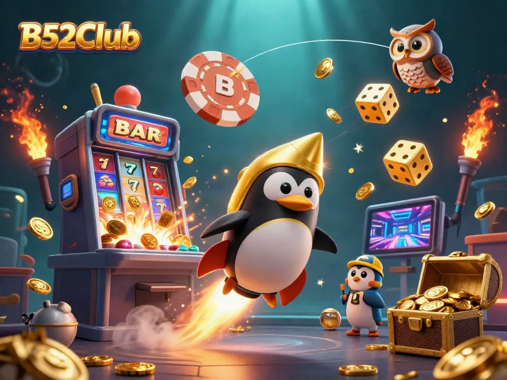B52Club rocket-powered penguin launching towards a casino space station surrounded by vibrant gaming elements.