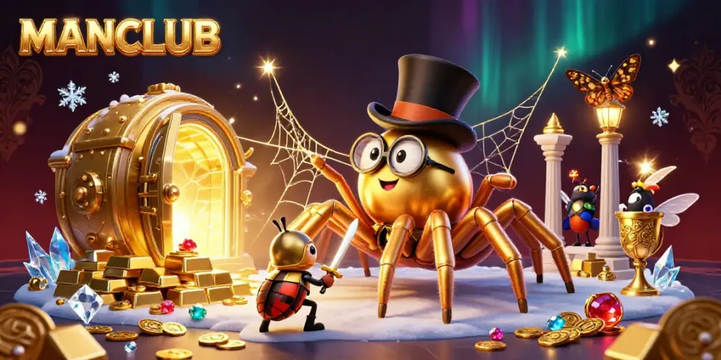 Engage in thrilling MANCLUB casino adventures with a vibrant scene of a golden tarantula and beetle knight.