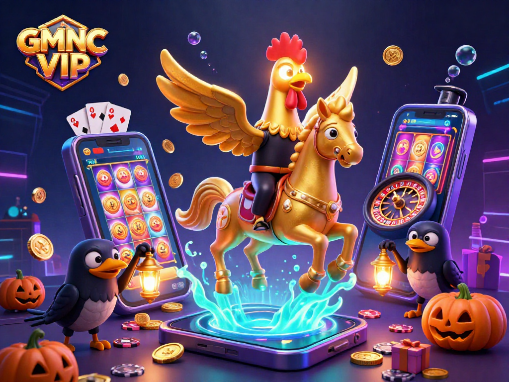Engage with GMNC VIP in a vibrant casino ambiance showcasing a golden rooster headless horseman and slot games.