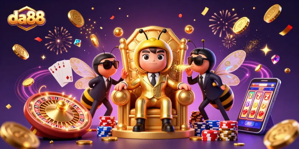 Experience da88's thrilling casino action with vibrant characters and gold coins in an explosive scene.