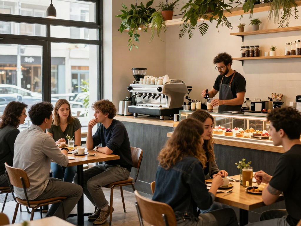 People enjoying their time at a café called rokok88, with barista serving vibrant drinks and pastries.