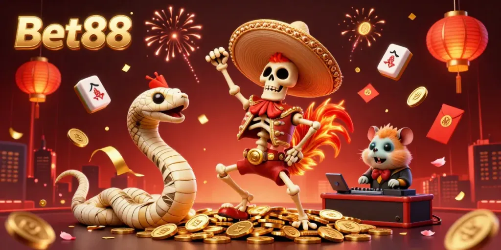 Experience the vibrant casino atmosphere with Bet88, featuring a dancing rooster and festive elements.