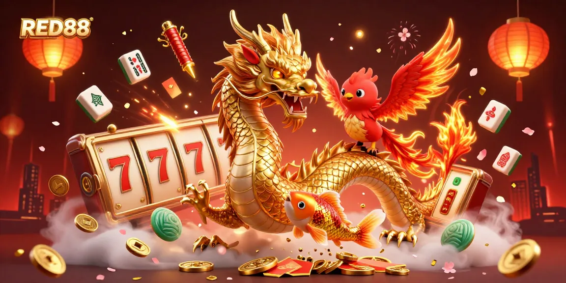 Experience thrilling wins at RED88 with a dynamic 3D gaming scene showcasing Asian casino elements.