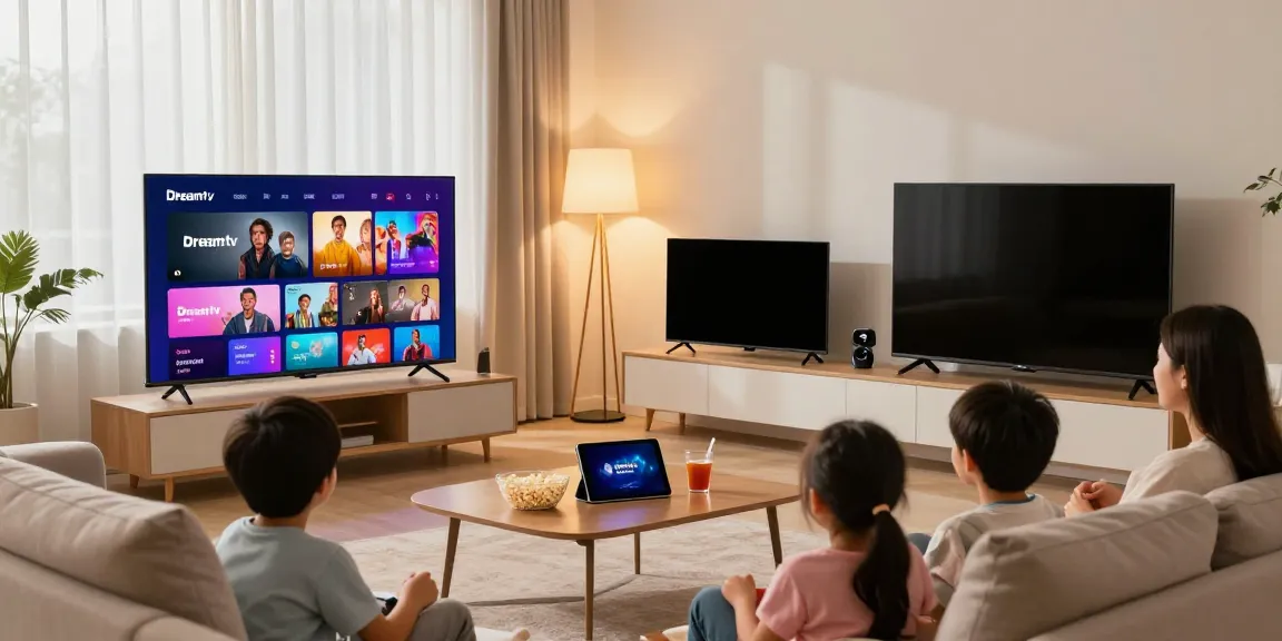 Familie genießt Dreamtv IPTV in ihrem modernen Wohnzimmer mit mehreren Geräten.