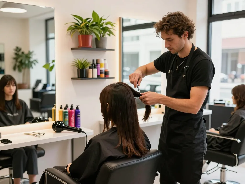 Friseursalon-Szene mit Stylist, der Haare schneidet und eine lebendige, moderne Schönheitsumgebung zeigt.