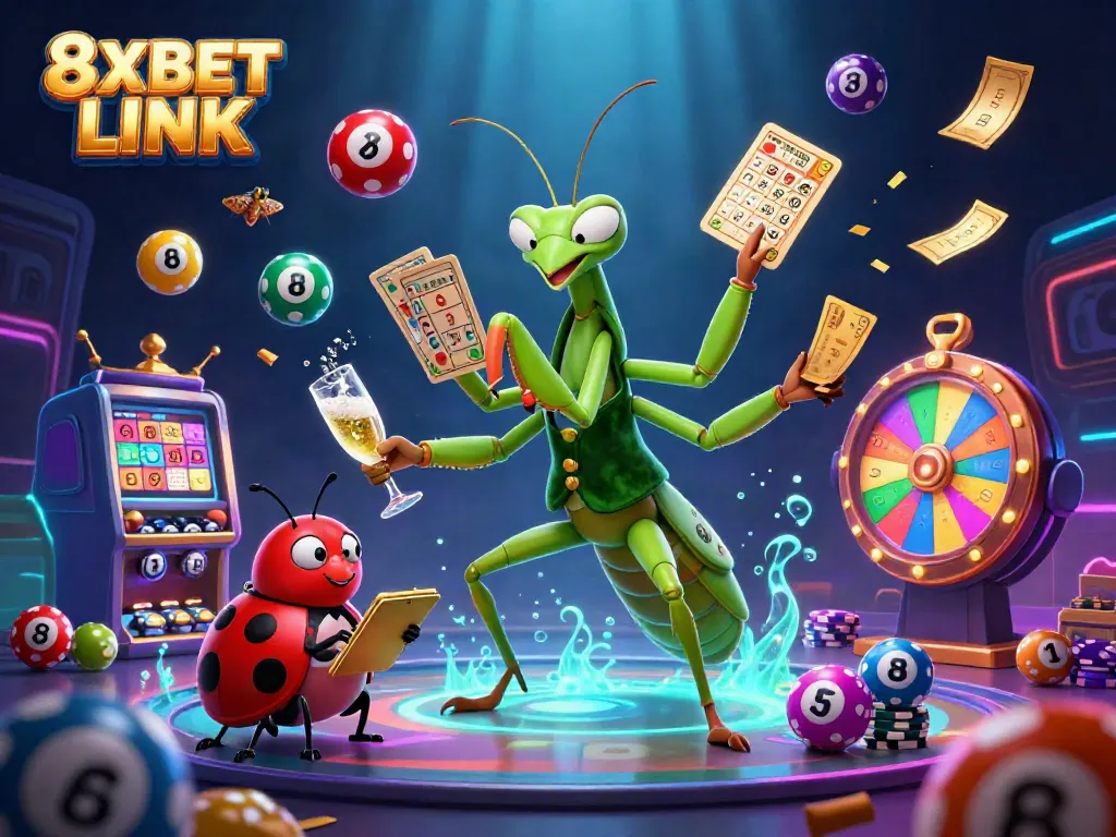 Experience exciting gaming with 8XBET LINK featuring a vibrant casino scene with dynamic characters and game elements.
