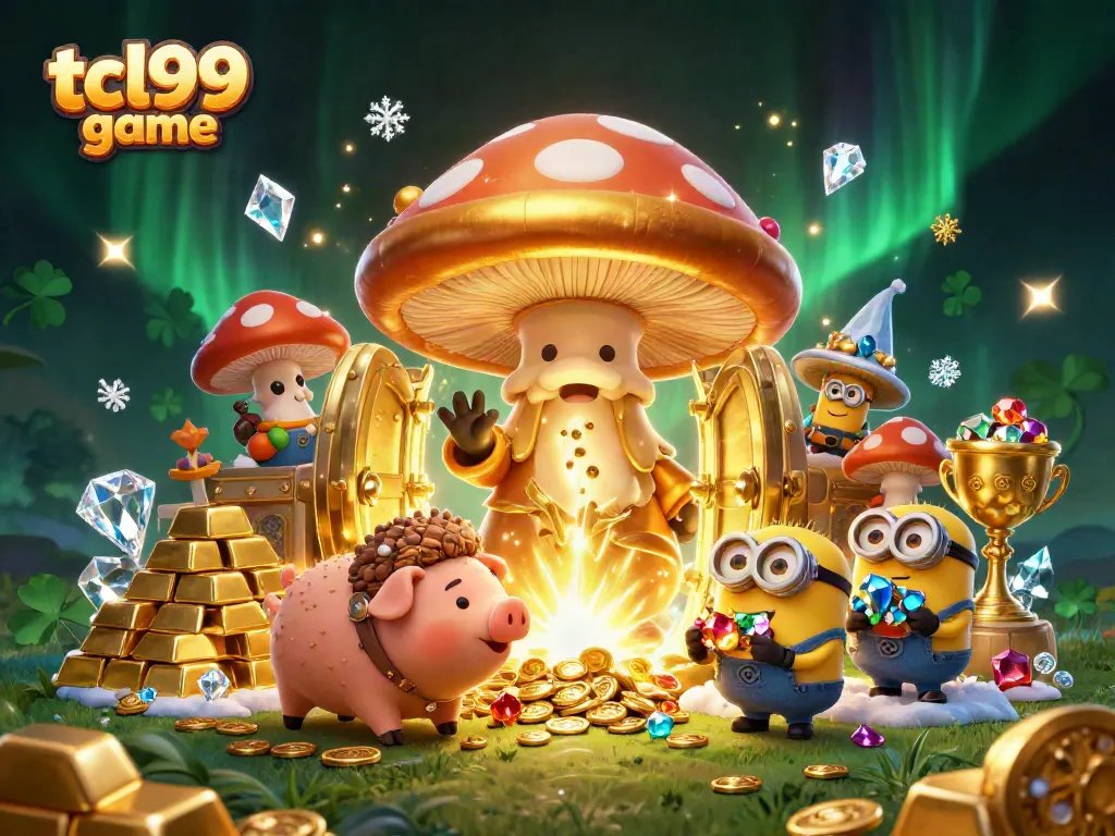 TCL99 game showcases a magical golden mushroom wizard with treasure, perfect for Australian online casino promotions.
