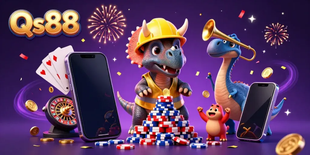 Experience the thrill of Qs88 with a celebration of gambling elements and vibrant characters.