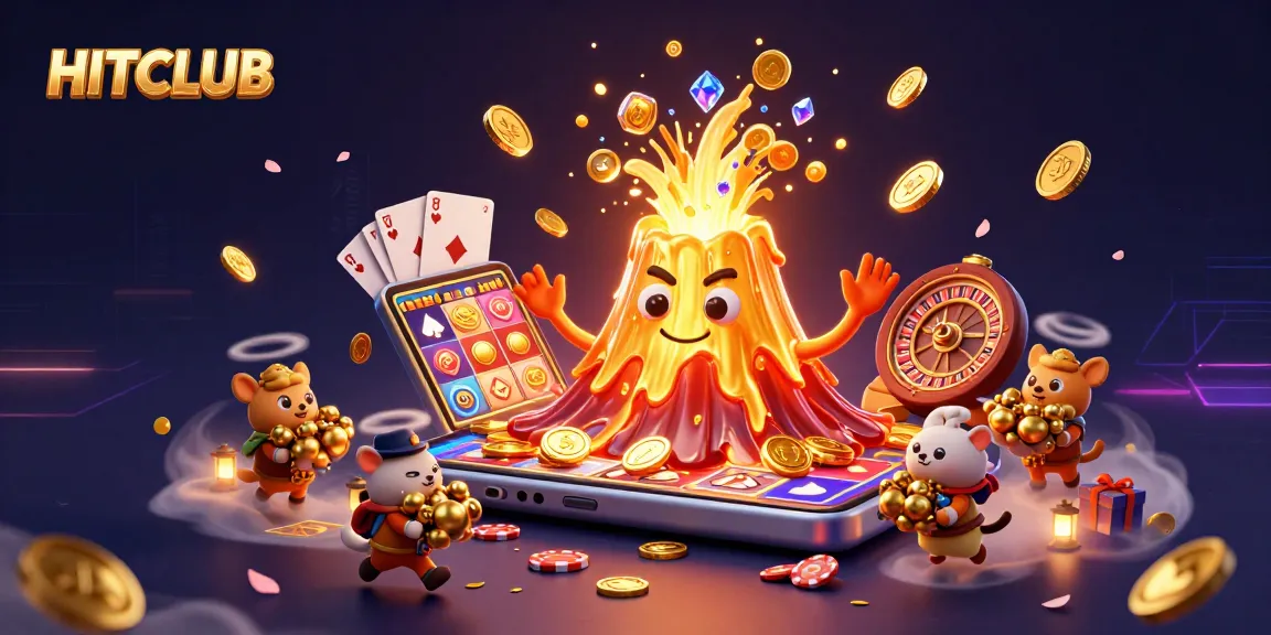 Experience the excitement of HITCLUB as golden coins erupt from a 3D volcano, amidst colorful gaming elements.