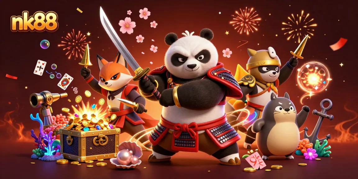 Experience gaming excitement with nk88 through a dynamic 3D illustration of playful characters amidst vibrant casino elements.