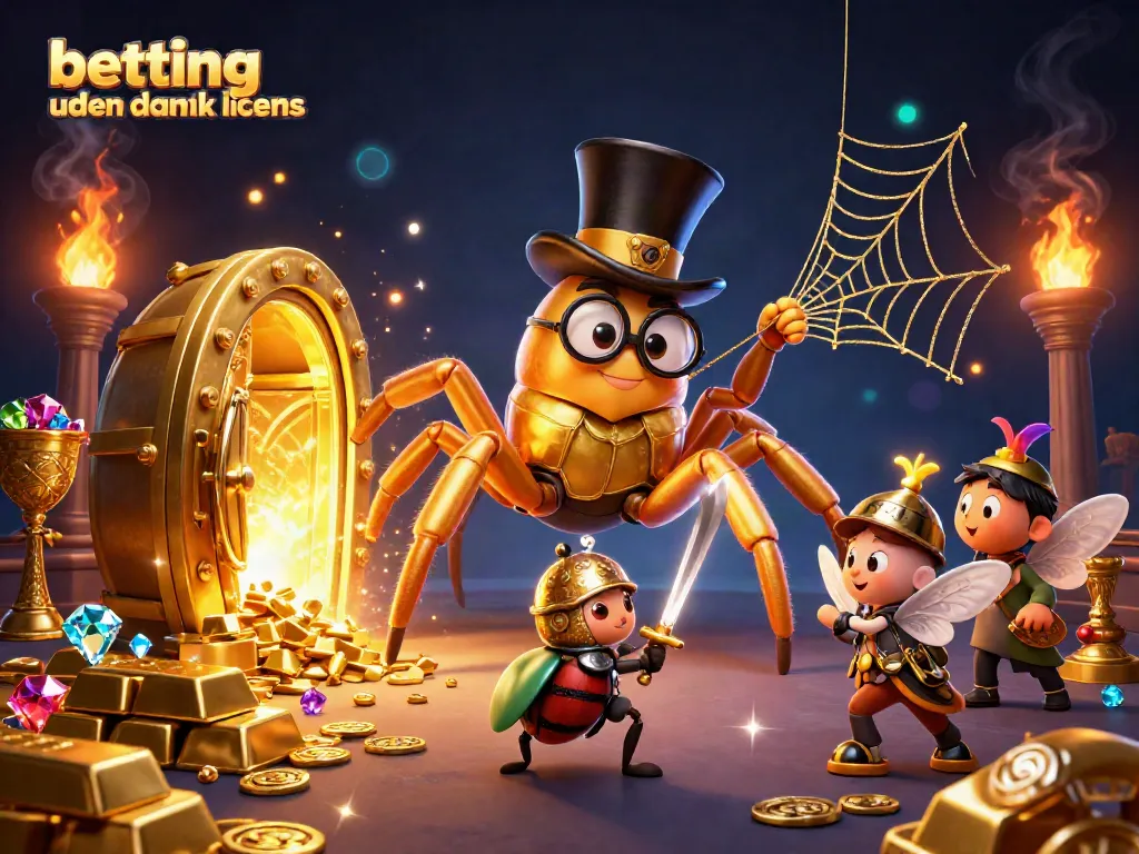 Engage in betting uden dansk licens through a vibrant casino-themed illustration featuring a golden tarantula.